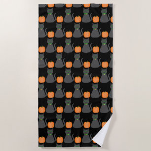 Cute Halloween Cat and Pumpkin Patterned Beach Towel