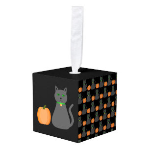 Cute Halloween Cat and Pumpkin Patterned Cube Ornament