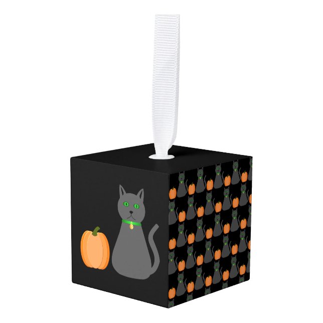 Cute Halloween Cat and Pumpkin Patterned Cube Ornament (Front Angled)