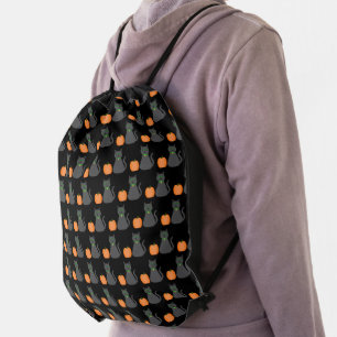Cute Halloween Cat and Pumpkin Patterned Drawstring Bag