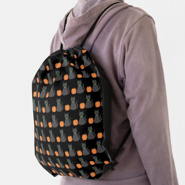Cute Halloween Cat and Pumpkin Patterned Drawstring Bag (Insitu)