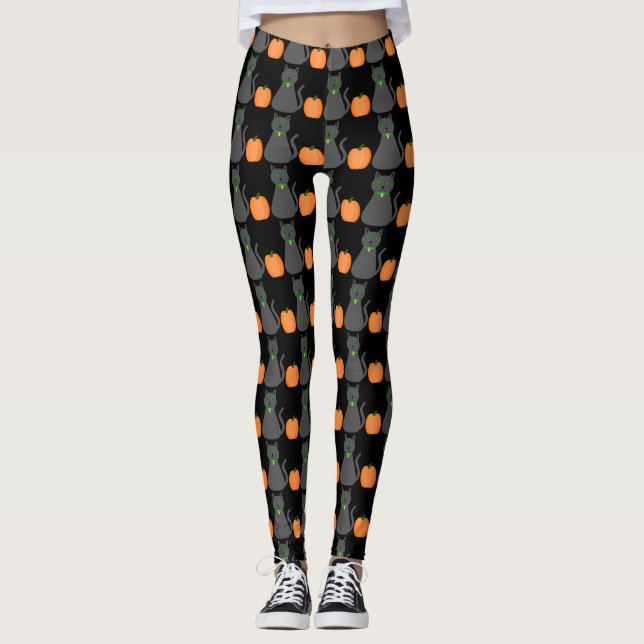 Cute Halloween Cat and Pumpkin Patterned Leggings (Front)