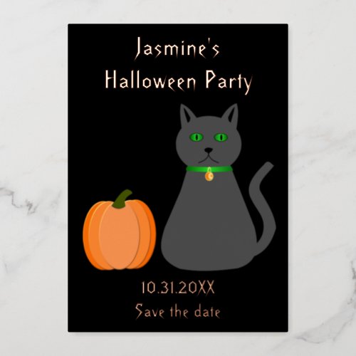Cute Halloween Cat and Pumpkin Save the Date Foil Holiday Card