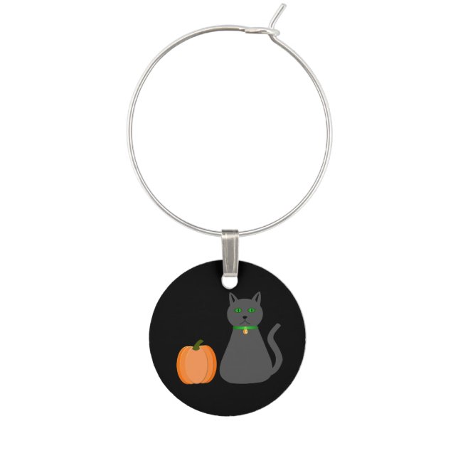 Cute Halloween Cat and Pumpkin Wine Charm (Front)