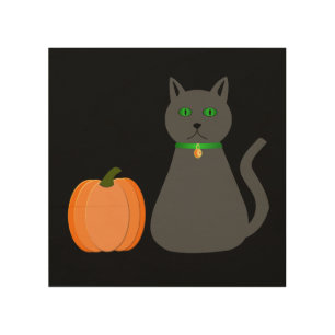 Cute Halloween Cat and Pumpkin Wood Wall Art