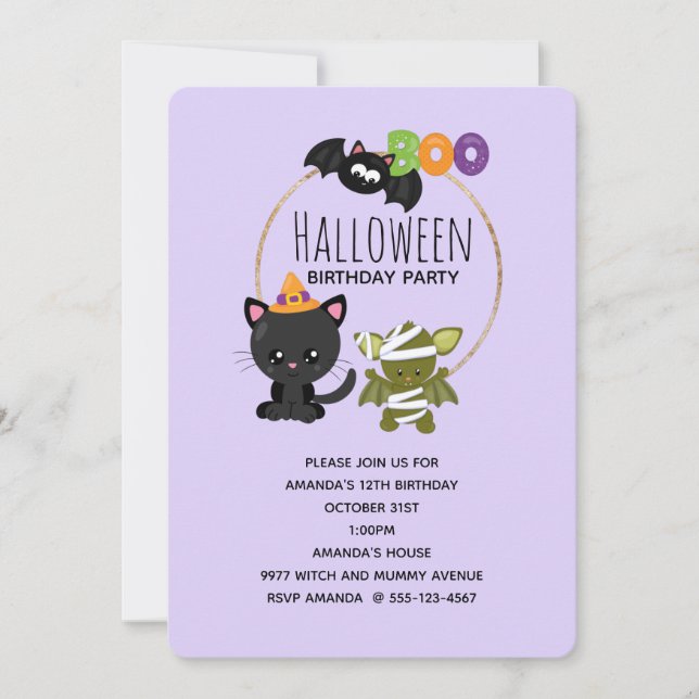Cute Halloween Cat, Bat & Mummy Boo Birthday Invitation (Front)