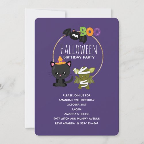 Cute Halloween Cat Bat  Mummy Boo Birthday Invitation