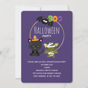 Cute Halloween Cat, Bat & Mummy Boo Invitation