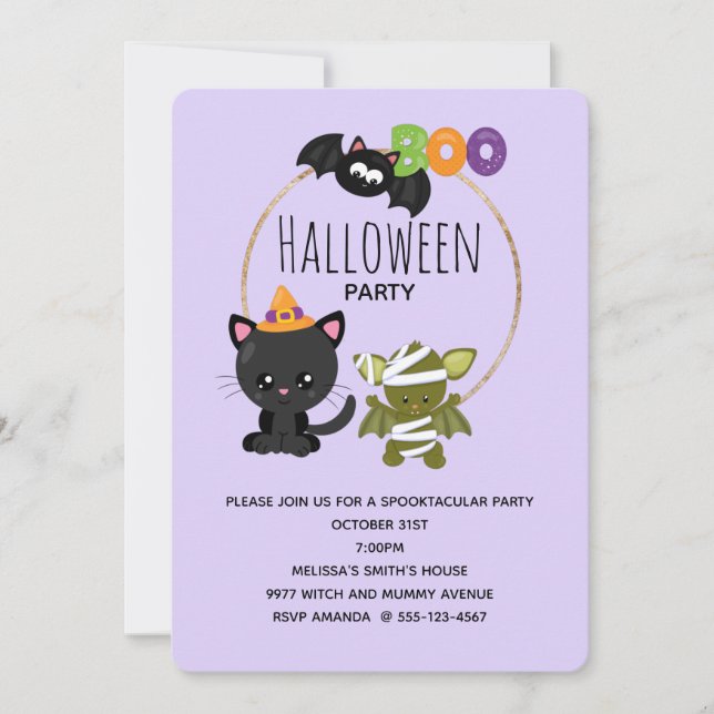 Cute Halloween Cat, Bat & Mummy Boo Invitation (Front)