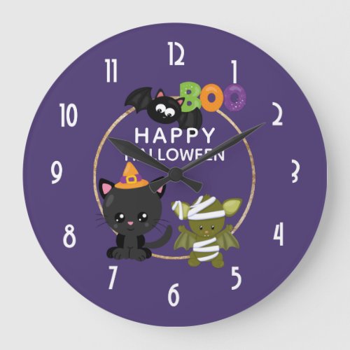 Cute Halloween Cat Bat  Mummy Boo Large Clock