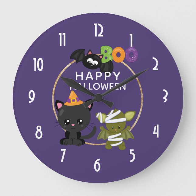 Cute Halloween Cat, Bat & Mummy Boo Large Clock (Front)