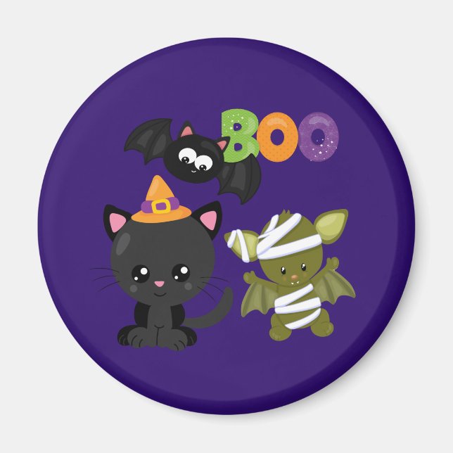 Cute Halloween Cat, Bat & Mummy Boo Magnet (Front)