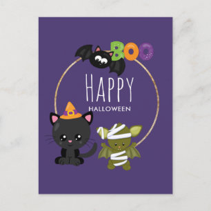 Cute Halloween Cat, Bat & Mummy Boo Postcard