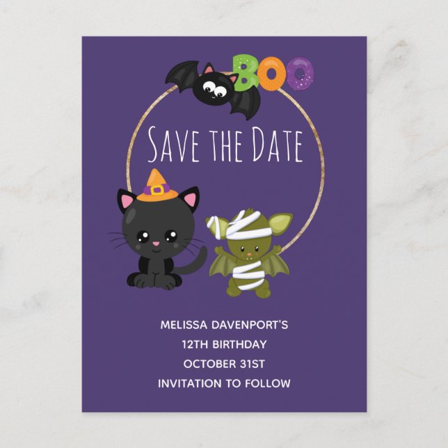 Cute Halloween Cat, Bat & Mummy Boo  Save the Date Invitation Postcard (Front)