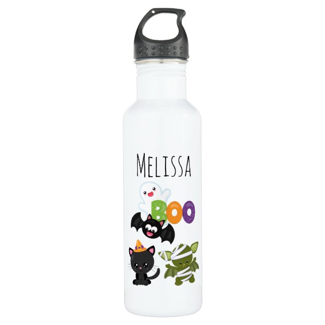 Cute Halloween Cat, Bat & Mummy Boo Stainless Steel Water Bottle (Front)