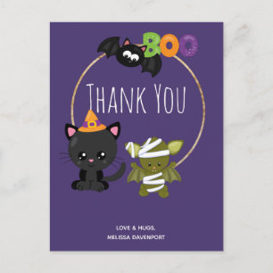 Cute Halloween Cat, Bat & Mummy Boo Thank You Postcard