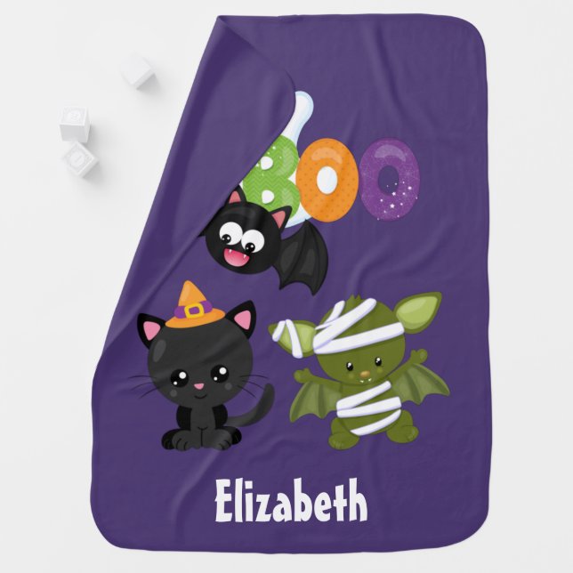 Cute Halloween Cat, Bat, Mummy & Ghost Baby Blanket (In Situ)