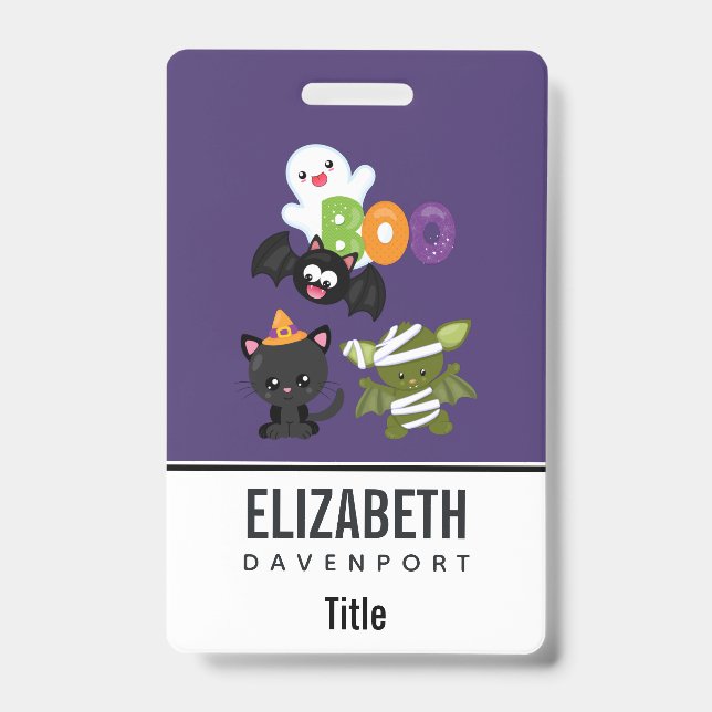 Cute Halloween Cat, Bat, Mummy & Ghost Badge (Front)
