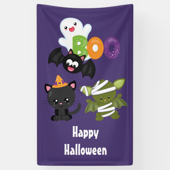 Cute Halloween Cat, Bat, Mummy & Ghost Banner (Vertical)