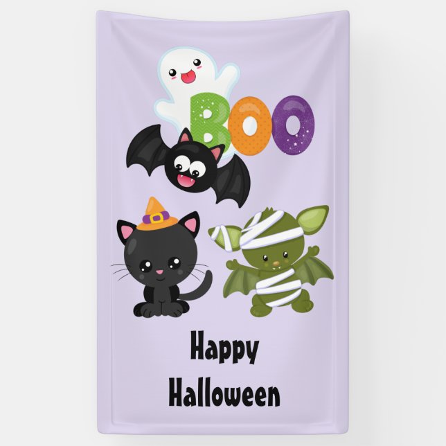 Cute Halloween Cat, Bat, Mummy & Ghost Banner (Vertical)