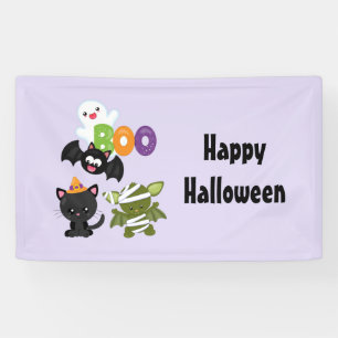 Cute Halloween Cat, Bat, Mummy & Ghost Banner