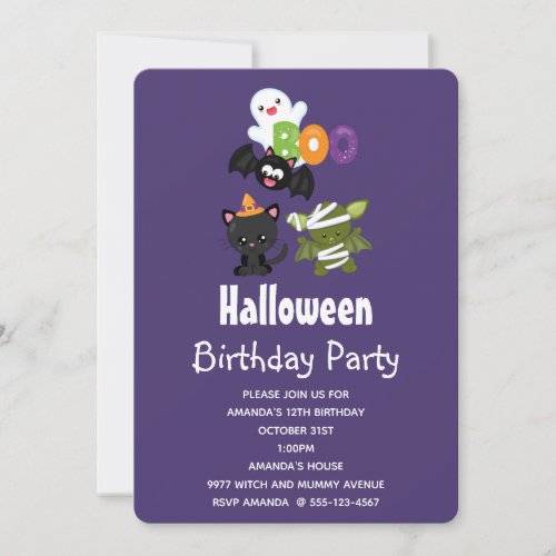 Cute Halloween Cat Bat Mummy  Ghost Birthday Invitation