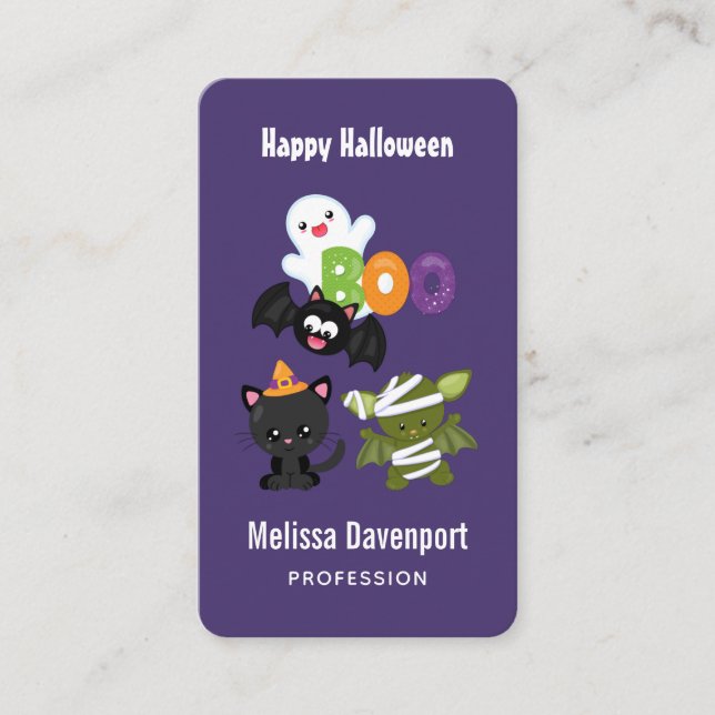 Cute Halloween Cat, Bat, Mummy & Ghost Business Card (Front)