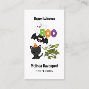Cute Halloween Cat, Bat, Mummy & Ghost Business Card