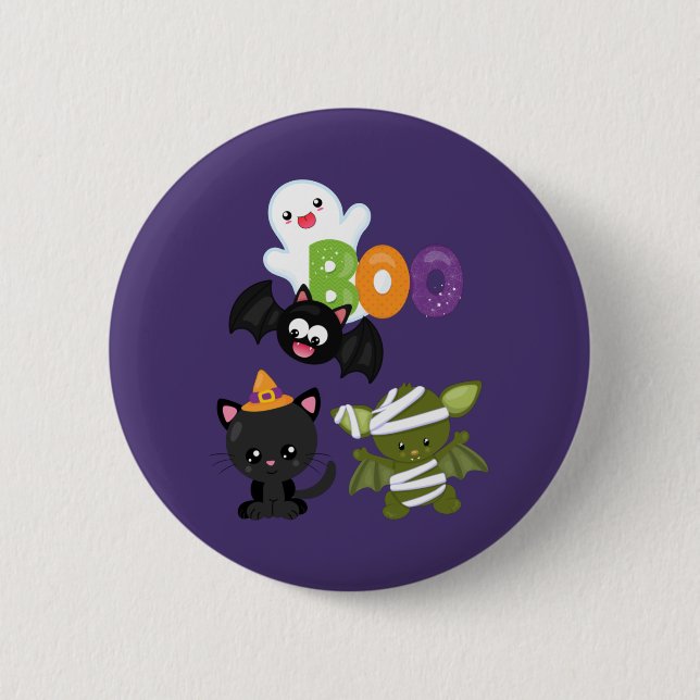 Cute Halloween Cat, Bat, Mummy & Ghost Button (Front)