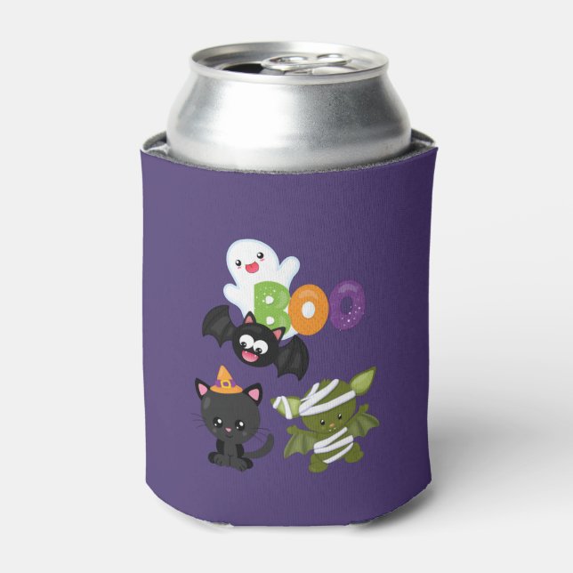 Cute Halloween Cat, Bat, Mummy & Ghost Can Cooler (Can Front)