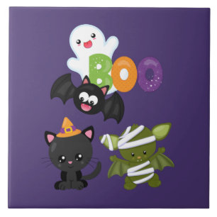 Cute Halloween Cat, Bat, Mummy & Ghost Ceramic Tile