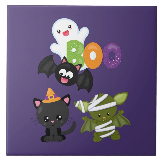 Cute Halloween Cat, Bat, Mummy & Ghost Ceramic Tile (Front)