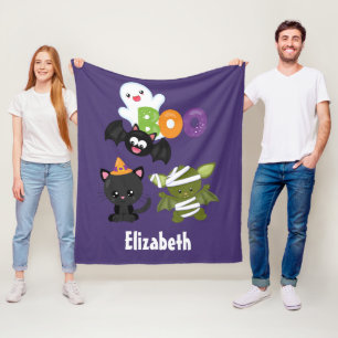 Cute Halloween Cat, Bat, Mummy & Ghost Fleece Blanket