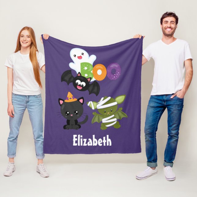 Cute Halloween Cat, Bat, Mummy & Ghost Fleece Blanket (In Situ)