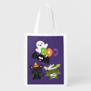 Cute Halloween Cat, Bat, Mummy & Ghost Grocery Bag