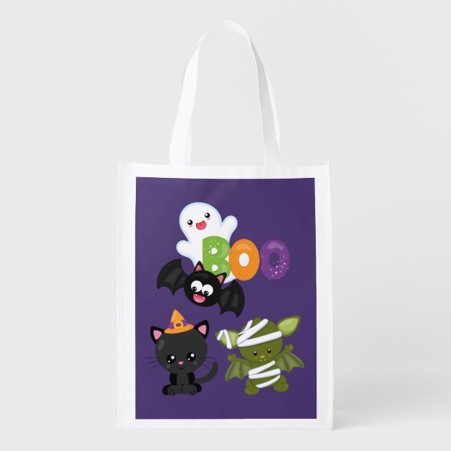 Cute Halloween Cat, Bat, Mummy & Ghost Grocery Bag (Front)