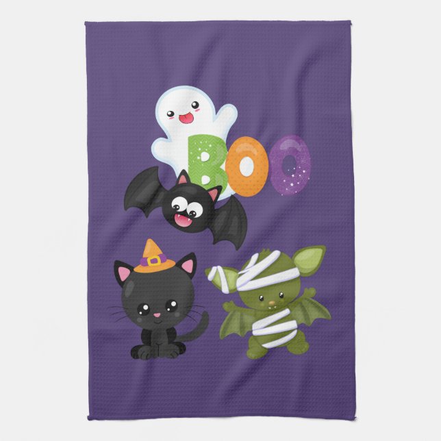 Cute Halloween Cat, Bat, Mummy & Ghost Kitchen Towel (Vertical)