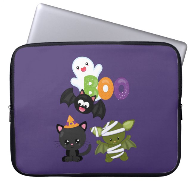Cute Halloween Cat, Bat, Mummy & Ghost Laptop Sleeve (Front)