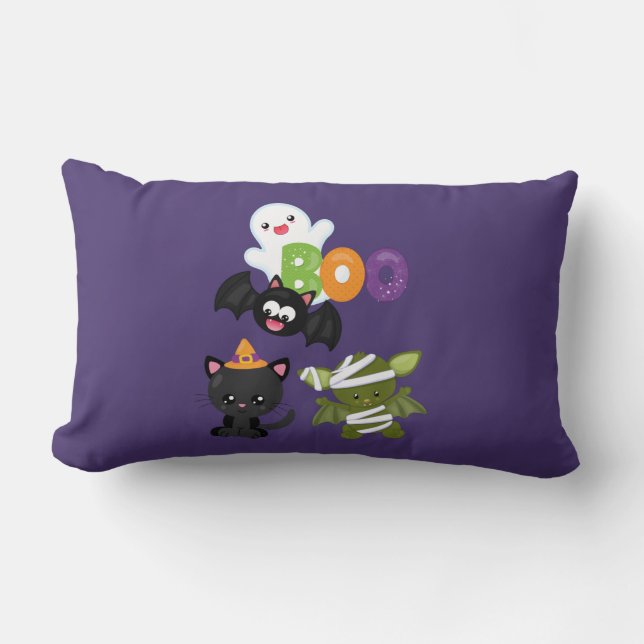 Cute Halloween Cat, Bat, Mummy & Ghost Lumbar Pillow (Front)