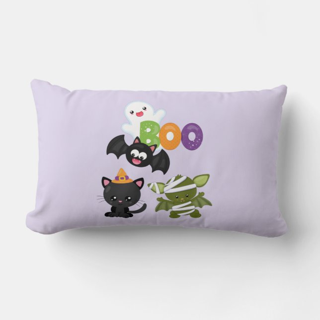 Cute Halloween Cat, Bat, Mummy & Ghost Lumbar Pillow (Front)
