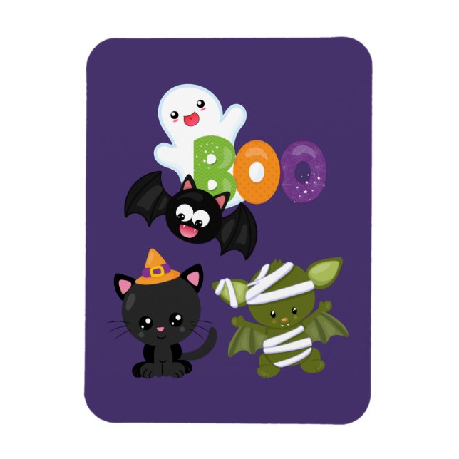 Cute Halloween Cat, Bat, Mummy & Ghost Magnet (Vertical)