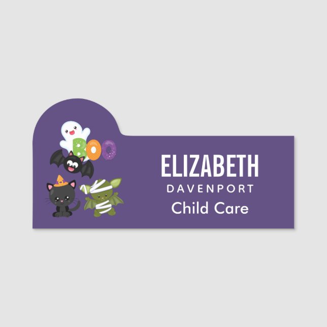 Cute Halloween Cat, Bat, Mummy & Ghost Name Tag (Front)