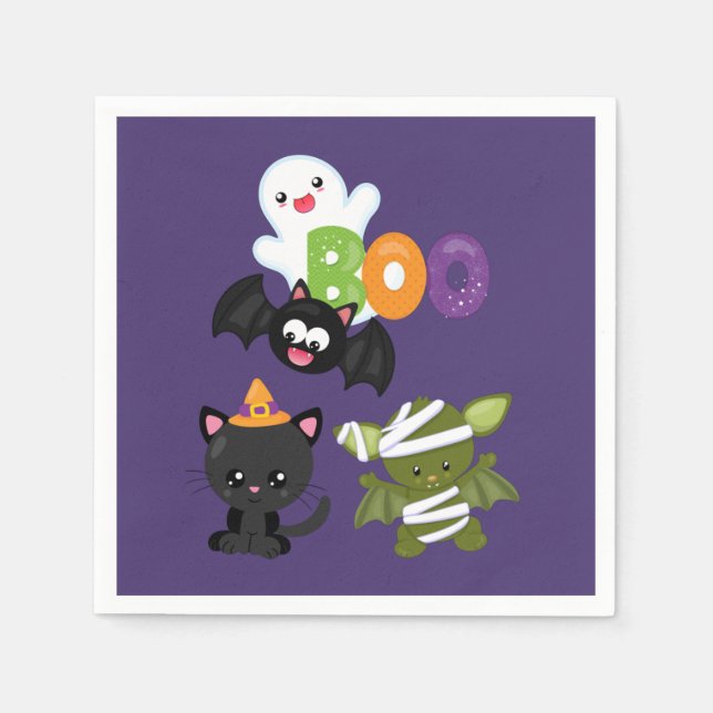 Cute Halloween Cat, Bat, Mummy & Ghost Napkins (Front)