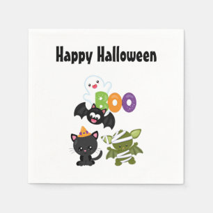 Cute Halloween Cat, Bat, Mummy & Ghost Napkins