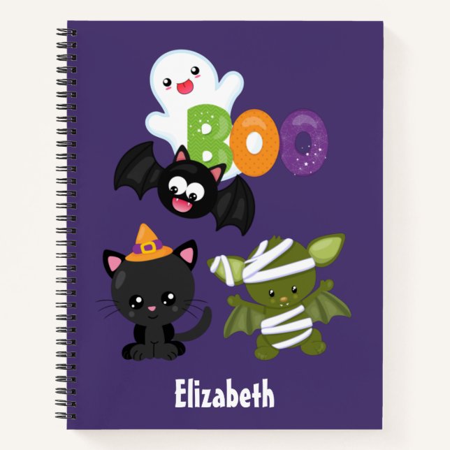 Cute Halloween Cat, Bat, Mummy & Ghost Notebook (Front)