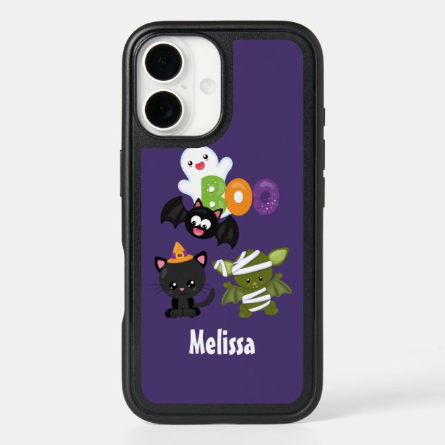 Cute Halloween Cat, Bat, Mummy & Ghost Otterbox iPhone Case (Back)
