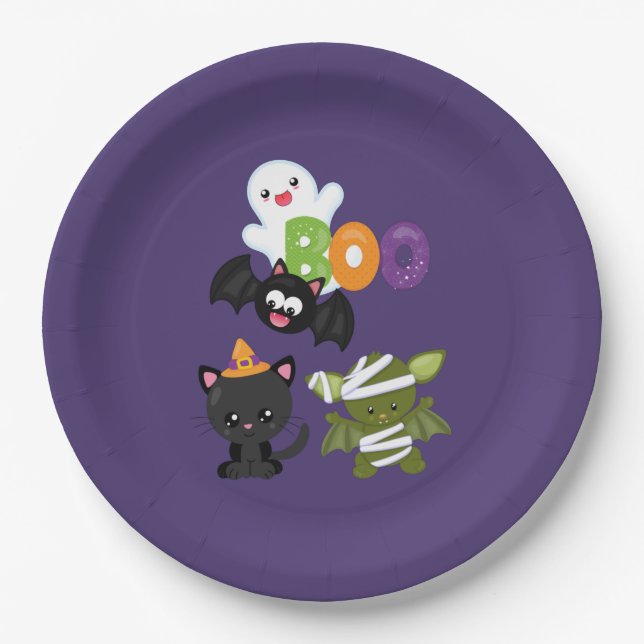 Cute Halloween Cat, Bat, Mummy & Ghost Paper Plates (Front)