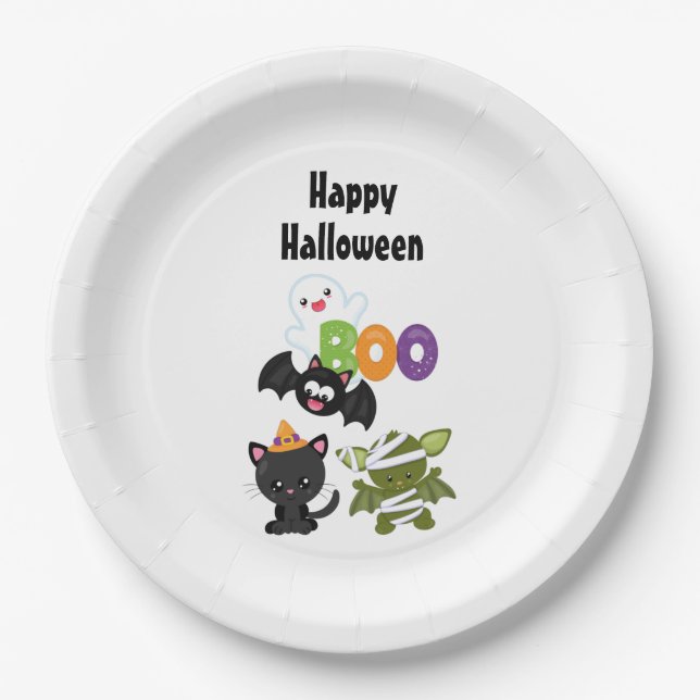 Cute Halloween Cat, Bat, Mummy & Ghost Paper Plates (Front)