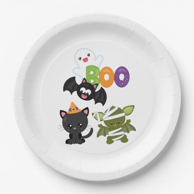 Cute Halloween Cat, Bat, Mummy & Ghost Paper Plates (Front)