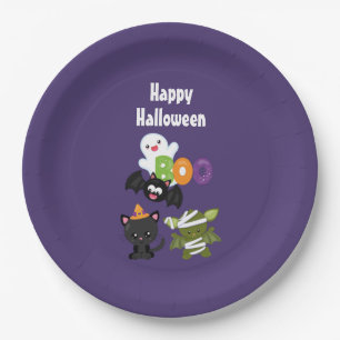 Cute Halloween Cat, Bat, Mummy & Ghost Paper Plates